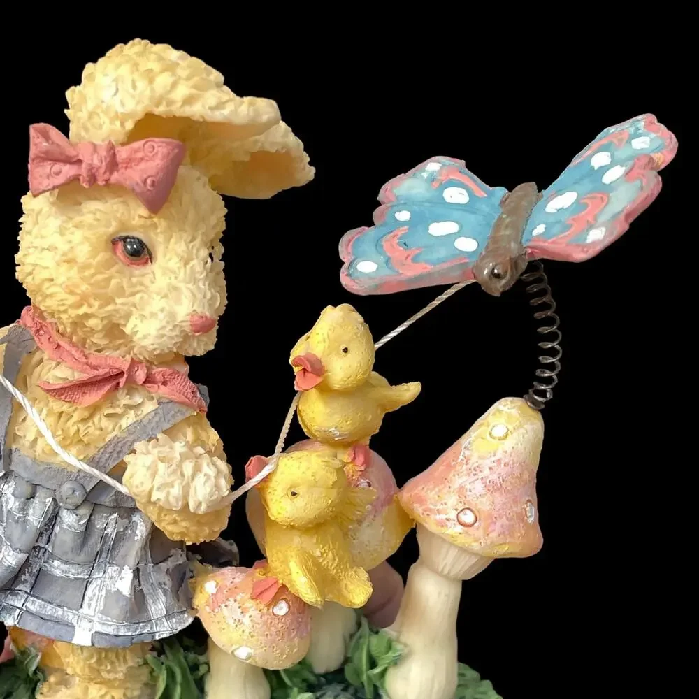 Resin Bunny Rabbit Pair with Bumblebee & Butterfly on Spring Vintage Decor